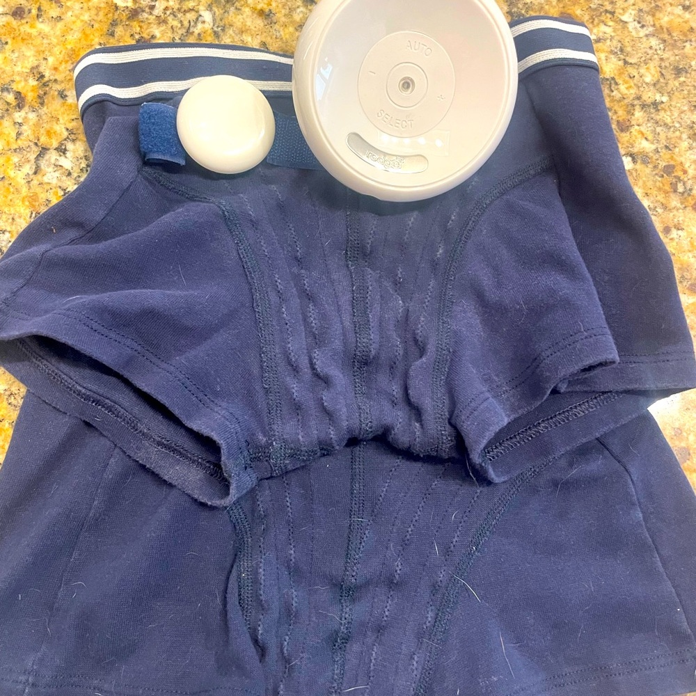 Rodger bedwetting alarm system w/ moisture sensing boxers, sensor and alarm